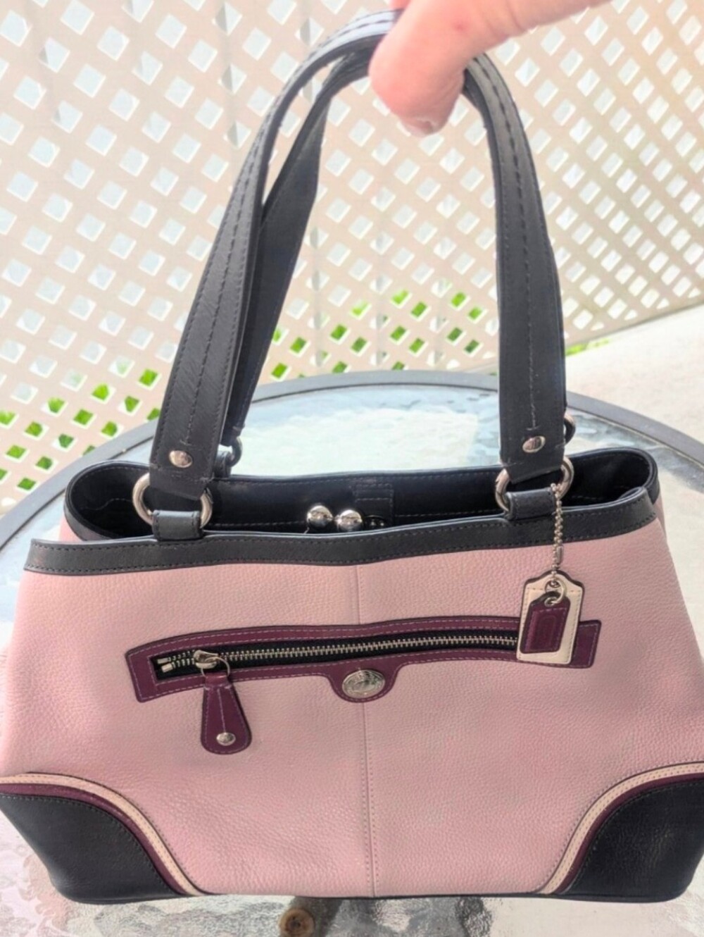 EUC Y2K Coach Vintage Laura Spectator Kisslock Tote Bag Pink/Plum/Navy,3 Section